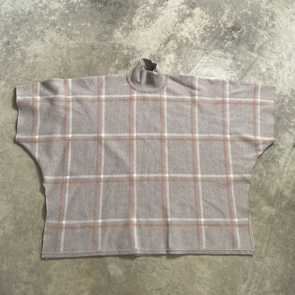 Max Studio Sweater Womens One Size Turtleneck Poncho Plaidโ Tan Pullover